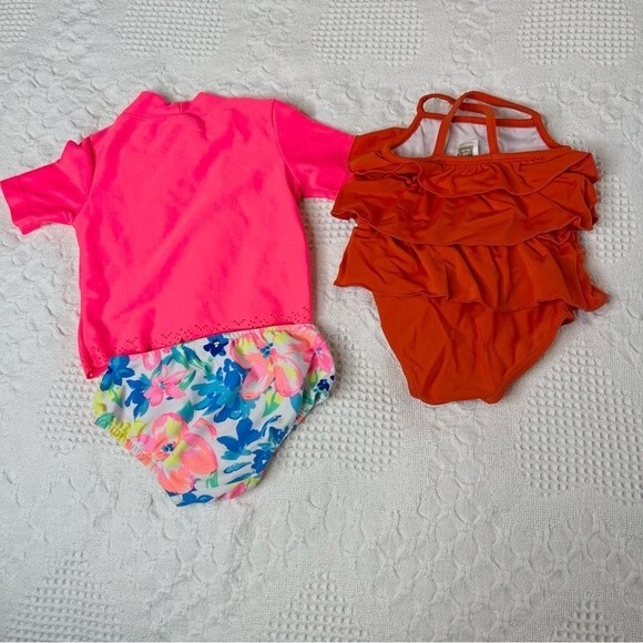 Carter’s Baby Girl Swim Bundle 6 Months Swimsuits Neon Floral Rust Ruffle Suit - Picture 2 of 5